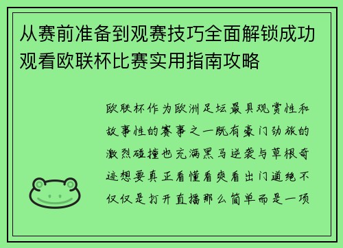 从赛前准备到观赛技巧全面解锁成功观看欧联杯比赛实用指南攻略